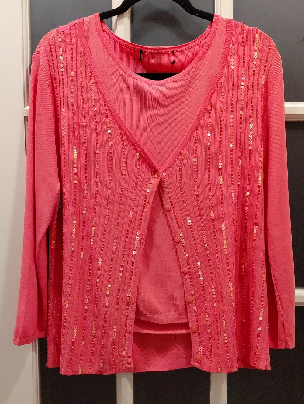 "Finity" Sz.L Pink/Peach Sequined Layered Open-Front Top. 19in P2P, 24in Long...
